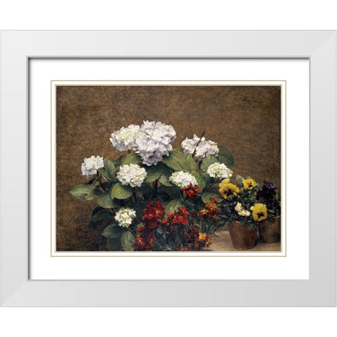 Hydrangeas, Wallflowers and Two Pots of Pansies White Modern Wood Framed Art Print with Double Matting by Fantin-Latour, Henri