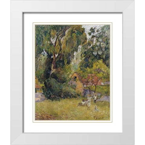 Huts Under The Trees White Modern Wood Framed Art Print with Double Matting by Gauguin, Paul