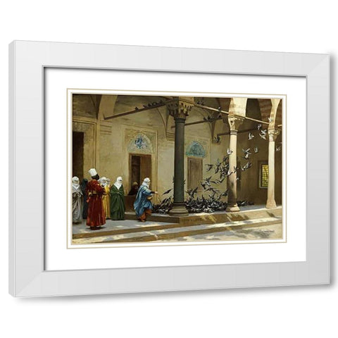 Harem Women Feeding Pigeons In a Courtyard White Modern Wood Framed Art Print with Double Matting by Gerome, Jean Leon