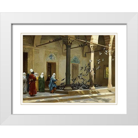 Harem Women Feeding Pigeons In a Courtyard White Modern Wood Framed Art Print with Double Matting by Gerome, Jean Leon