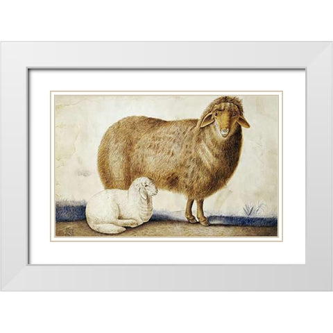 A Ewe and Her Lamb White Modern Wood Framed Art Print with Double Matting by Ghaffari, Abul Hasan