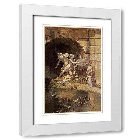 Feeding The Ducks White Modern Wood Framed Art Print with Double Matting by Giroux, Ernest