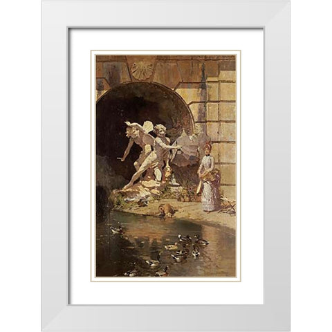 Feeding The Ducks White Modern Wood Framed Art Print with Double Matting by Giroux, Ernest