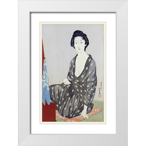 A Beauty In a Black Kimono White Modern Wood Framed Art Print with Double Matting by Goyo, Hashiguichi