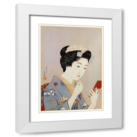 A Maiko Applying Rouge To Her Lips White Modern Wood Framed Art Print with Double Matting by Goyo, Hashiguichi