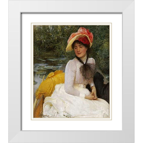 Girl In a Punt White Modern Wood Framed Art Print with Double Matting by Hacker, Arthur