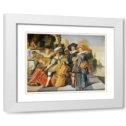 Elegant Figures Making Music White Modern Wood Framed Art Print with Double Matting by Hals, Dirck