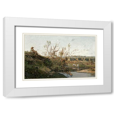 LAbreuvoir White Modern Wood Framed Art Print with Double Matting by Harpignies, Henri-Joseph