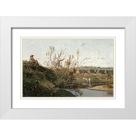 LAbreuvoir White Modern Wood Framed Art Print with Double Matting by Harpignies, Henri-Joseph