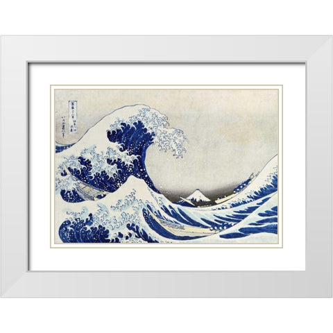 The Great Wave of Kanagawa White Modern Wood Framed Art Print with Double Matting by Hokusai
