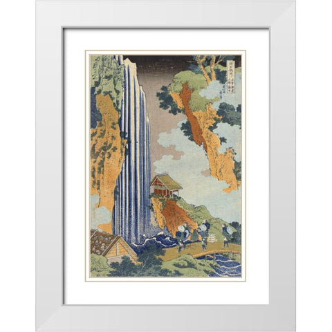 Ono Waterfall, The Kiso Highway White Modern Wood Framed Art Print with Double Matting by Hokusai
