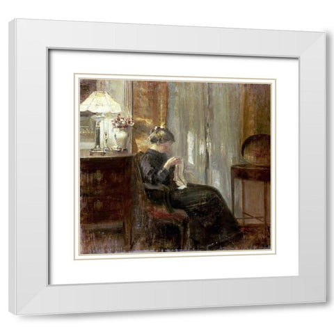 A Woman Sewing In An Interior White Modern Wood Framed Art Print with Double Matting by Holsoe, Carl