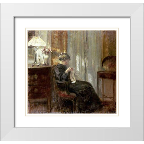 A Woman Sewing In An Interior White Modern Wood Framed Art Print with Double Matting by Holsoe, Carl