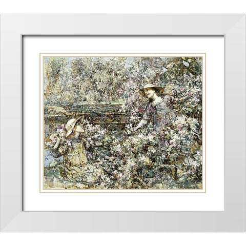 Gathering Blossom White Modern Wood Framed Art Print with Double Matting by Hornel, Edward Atkinson