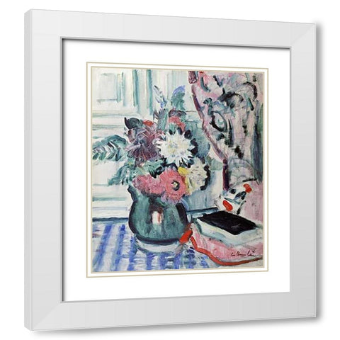 Mixed Dahlias In a Green Vase White Modern Wood Framed Art Print with Double Matting by Hunter, George Leslie