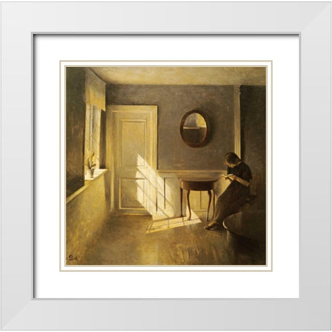 A Girl Reading In An Interior White Modern Wood Framed Art Print with Double Matting by Iisted, Peter