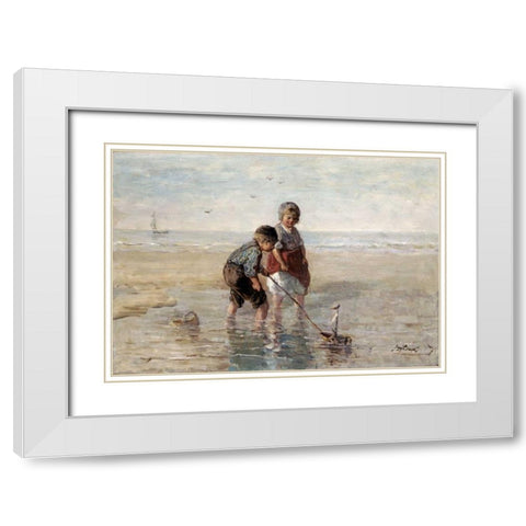 Children Playing By The Seaside White Modern Wood Framed Art Print with Double Matting by Israels, Jozef