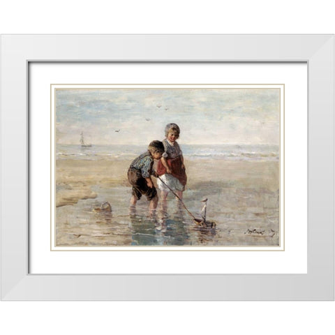 Children Playing By The Seaside White Modern Wood Framed Art Print with Double Matting by Israels, Jozef