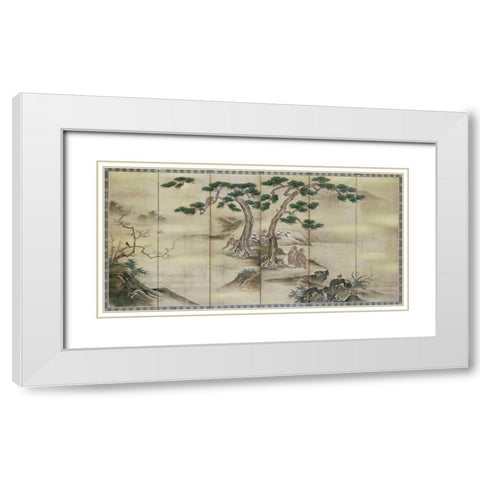 Birds, Flowers and Monkeys Six-Panel Screen White Modern Wood Framed Art Print with Double Matting by Kano School