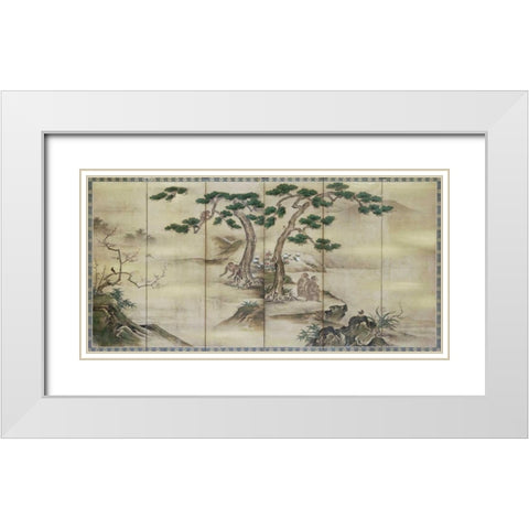 Birds, Flowers and Monkeys Six-Panel Screen White Modern Wood Framed Art Print with Double Matting by Kano School