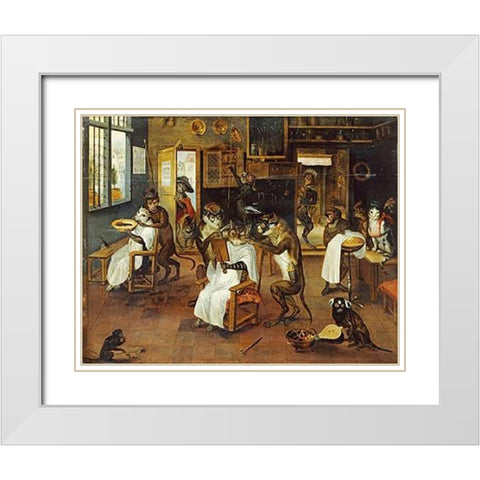 A Singerie: Monkey Barbers Serving Cats White Modern Wood Framed Art Print with Double Matting by Van Kessel, Jan
