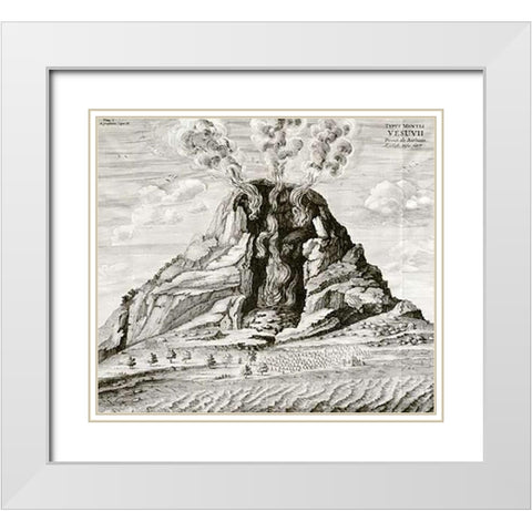 Engraving of Vesuvius Erupting White Modern Wood Framed Art Print with Double Matting by Kircher, Athanasius