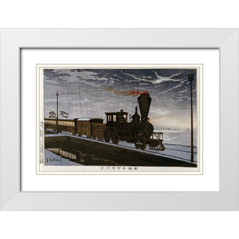 A Steam Locomotive In Hazy Moonlight White Modern Wood Framed Art Print with Double Matting by Kiyochika, Kobayashi