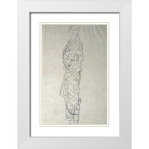 Woman In a Kimono White Modern Wood Framed Art Print with Double Matting by Klimt, Gustav
