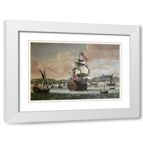 Charles II On Board a Two Decker Man-O-War White Modern Wood Framed Art Print with Double Matting by Knijff, Jacob Knyff