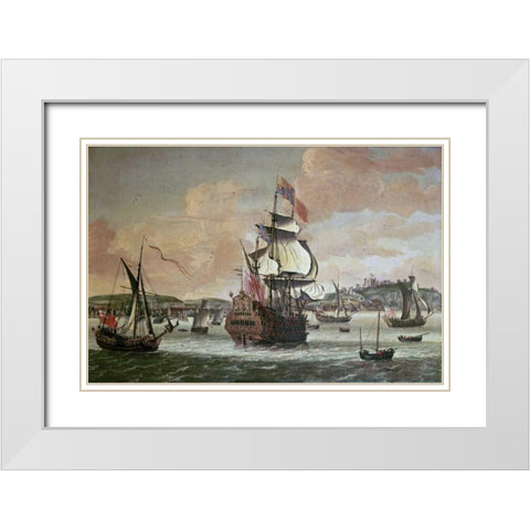 Charles II On Board a Two Decker Man-O-War White Modern Wood Framed Art Print with Double Matting by Knijff, Jacob Knyff
