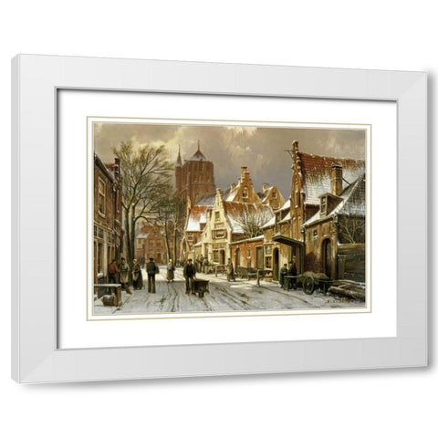 A Winter Street Scene White Modern Wood Framed Art Print with Double Matting by Koekkoek, Willem
