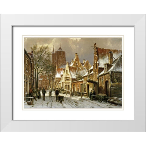 A Winter Street Scene White Modern Wood Framed Art Print with Double Matting by Koekkoek, Willem