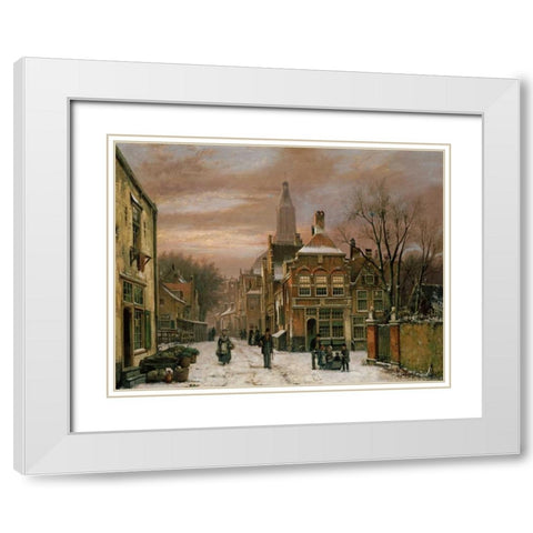 A Wintery Scene White Modern Wood Framed Art Print with Double Matting by Koekkoek, Willem