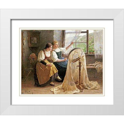 Zwei Madchen Am Strickrahmen White Modern Wood Framed Art Print with Double Matting by Koester, Alexander Max
