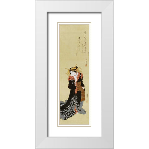 A Standing Courtesan In a Black Kimono White Modern Wood Framed Art Print with Double Matting by Kunisada, Utagawa