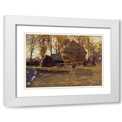 Sussex Hayricks White Modern Wood Framed Art Print with Double Matting by La Thangue, Henry Herbert