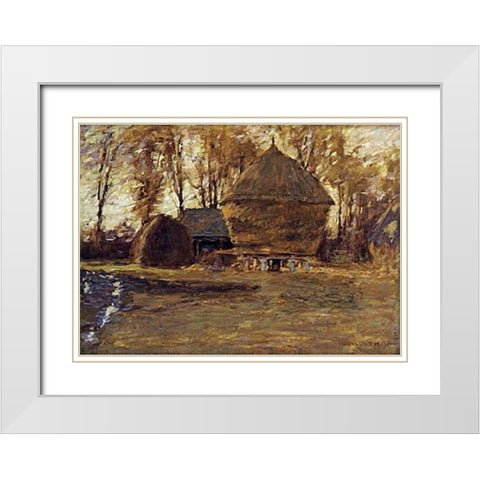 Sussex Hayricks White Modern Wood Framed Art Print with Double Matting by La Thangue, Henry Herbert