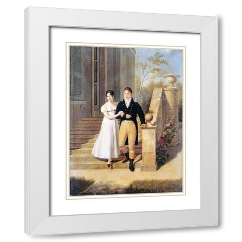 Portrait of a Lady and a Gentleman On The Steps of a Chateau White Modern Wood Framed Art Print with Double Matting by Lagrenee, Anthelme Francois