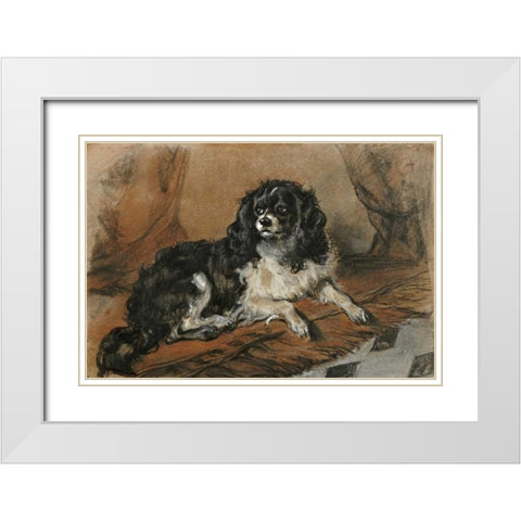 A King Charles Spaniel White Modern Wood Framed Art Print with Double Matting by Landseer, Sir Edwin