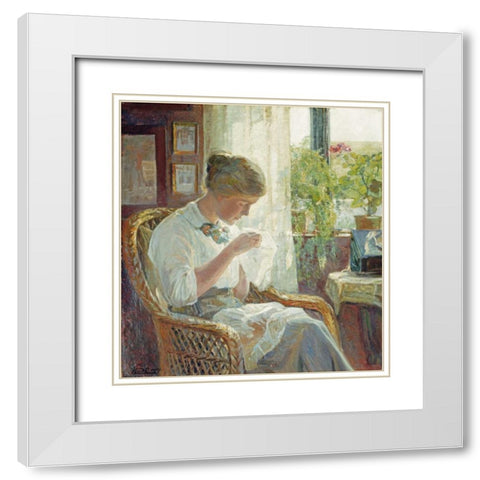 The Seamstress White Modern Wood Framed Art Print with Double Matting by Larsen, Knud Erik