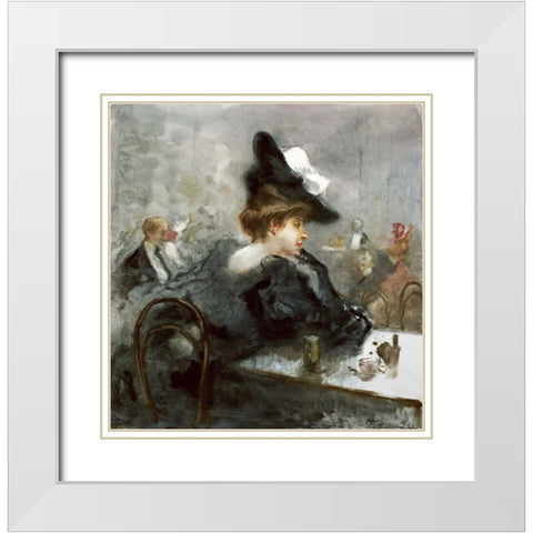 Elegant Lady In Black In a Caf?? White Modern Wood Framed Art Print with Double Matting by Mariani, Pompeo