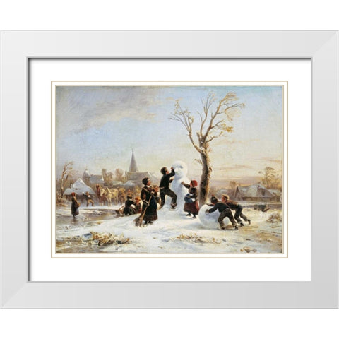 The Village Snowman White Modern Wood Framed Art Print with Double Matting by Meyerheim, Wilhelm Alexander