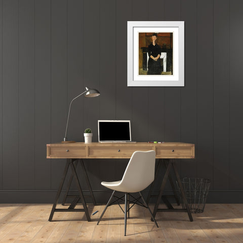 Woman Sat By a Fireplace White Modern Wood Framed Art Print with Double Matting by Modigliani, Amedeo