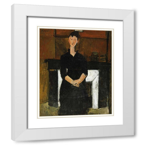 Woman Sat By a Fireplace White Modern Wood Framed Art Print with Double Matting by Modigliani, Amedeo