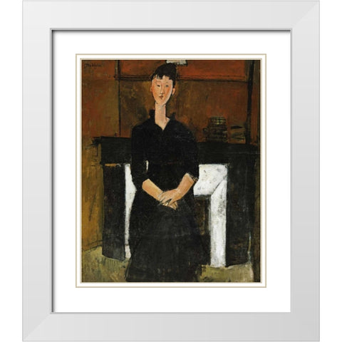 Woman Sat By a Fireplace White Modern Wood Framed Art Print with Double Matting by Modigliani, Amedeo