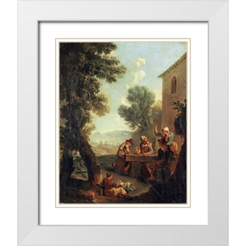 Peasants Drinking By a Farmhouse White Modern Wood Framed Art Print with Double Matting by Monaldi, Paolo