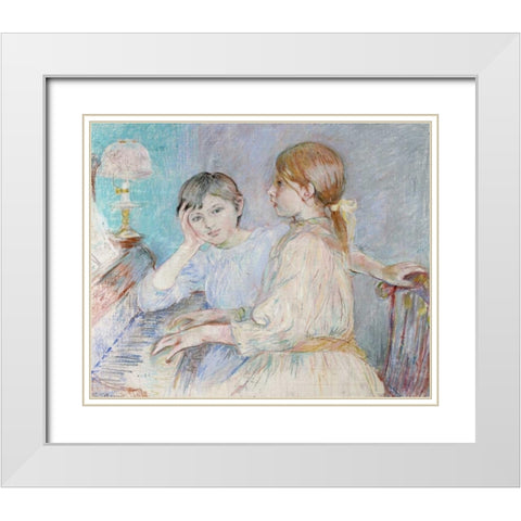 Le Piano White Modern Wood Framed Art Print with Double Matting by Morisot, Berthe