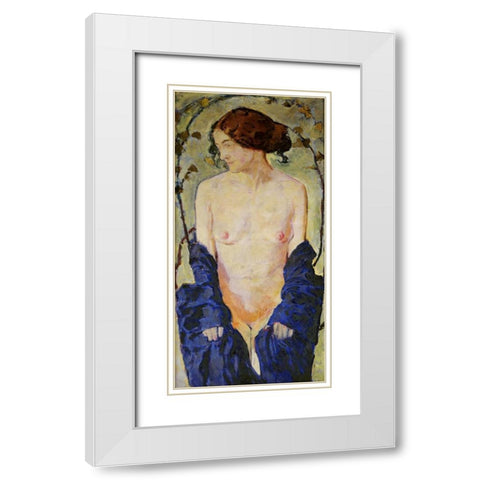 Standing Nude with Blue Robe White Modern Wood Framed Art Print with Double Matting by Moser, Koloman