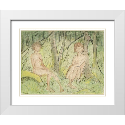 Two Women In The Forest White Modern Wood Framed Art Print with Double Matting by Mueller, Otto