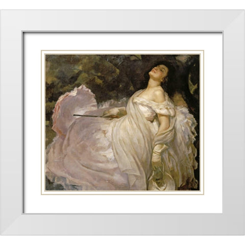 A Lady Reclining In The Shade White Modern Wood Framed Art Print with Double Matting by Muntanet, Miguel